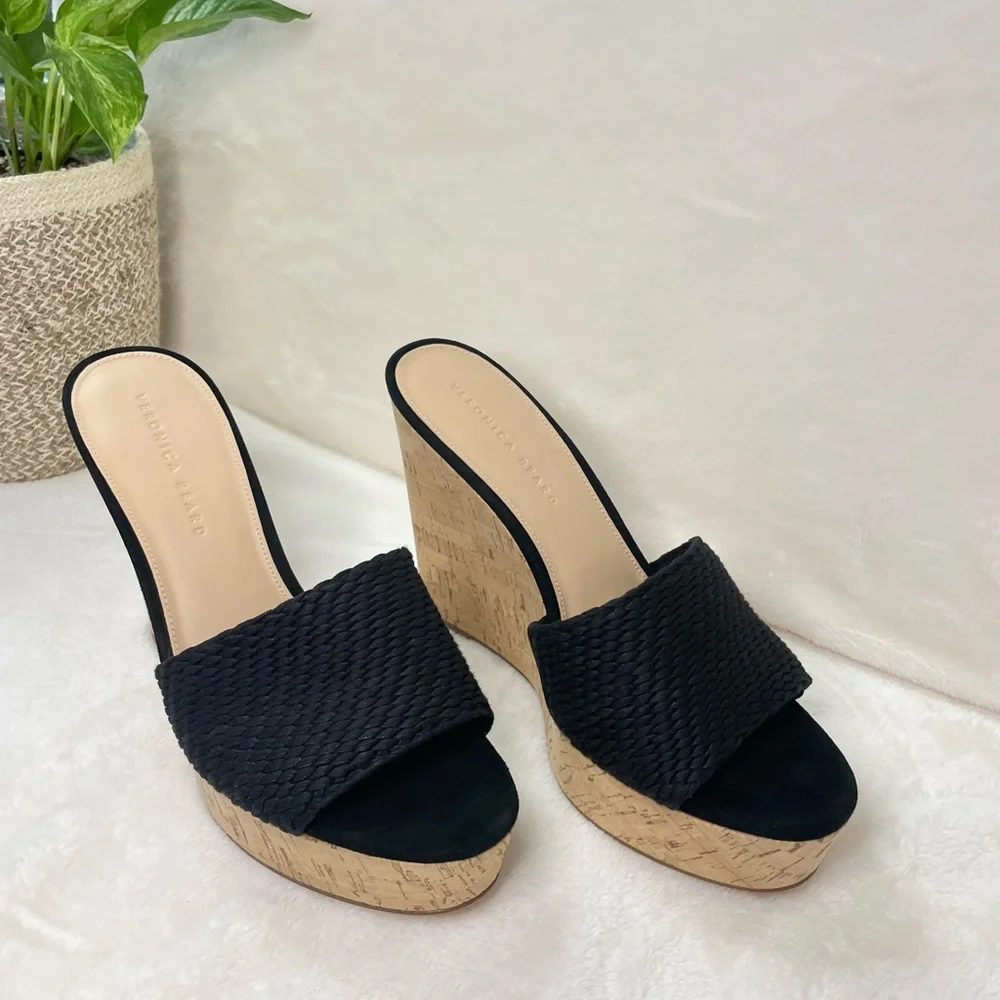 Veronica Beard NWOB Dali Raffia Wedge Sandals‎ Black 10.5 G 718